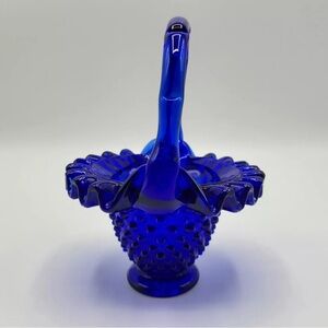 Cobalt Blue Glass Hobnail Decorated Basket Vintage